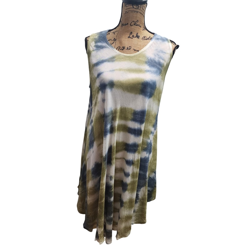 Azur L/XL Tie Dye Sleeveless Swim Cover Up Dress Green Blue White‎